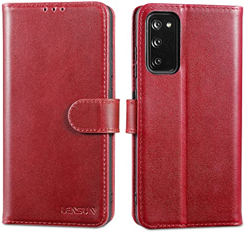 Lensun Custodia per Samsung Galaxy S20 FE, Cover in Vera Pelle [Supporto Stand] Libro con Portafoglio Chiusura Magnetico Flip Custodie Cuoio per Galaxy S20 FE 5G– Vino rosso