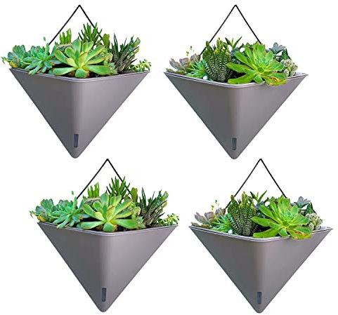 LaLaGreen Wand-Pflanzgefäße für Zimmerpflanzen – 4 Stück, 30.5 cm, groß, selbstbewässernd, grau, geometrisch, hängende Blumenvase, Gefäß mit Metallaufhänger, Sukkulenten-Topflappen, Dekor