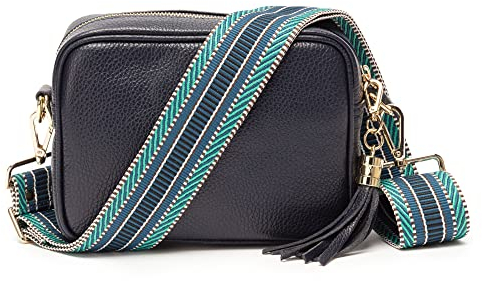 Ledertasche Echtleder in Navy dunkelblau mit abnehmbaren Lederriemen und zusätlichem Tragegurt zum Umhängen, 20 x 15 x 7 cm