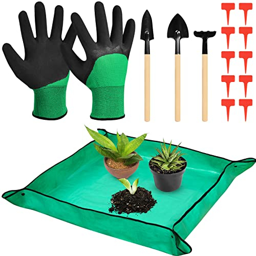 OFFCUP Tapis de Jardinage Vert, Lot de 15 Tapis de Rempotage 100x100cm Imperméable, Tapis de Plante Pliable avec Gants, 3 Outils Succulentes de Jardinage et 10 étiquettes