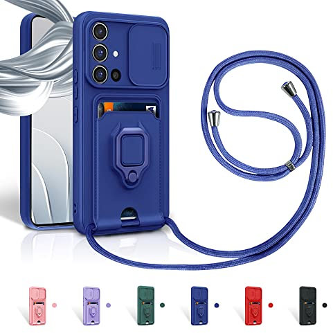 Aithne Case für Samsung Galaxy A51 4G Handykette Hüll,Slide kameraschutz,Silikon Handyhülle zum Umhängen Kette,360 Grad Ringhalter Stand Kartenfach-Blau