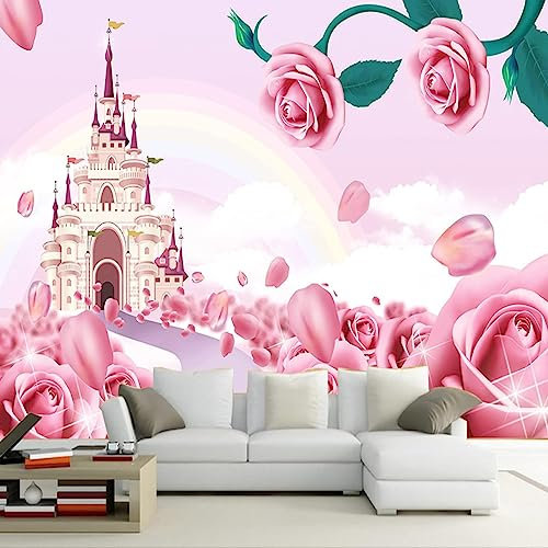 GIVLWF Papier Peint Intissé de Rose Rose Dessin Animé, Impression De Fleurs De Château De Princesse Panoramique Déco Mural - pour Salon Chambre D'enfant Décoration Murale 250 x 175 cm