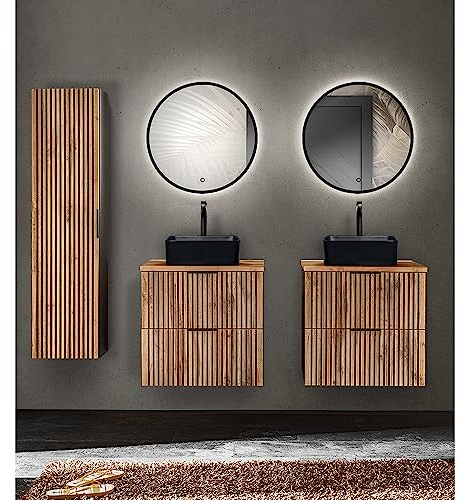Lomadox Badezimmer Set 5-teilig Rillenfront 2 Waschtische mit Unterschrank 60 cm Keramik Waschbecken Hochschrank Spiegel rund Beleuchtung anthrazit Eiche Nb. schwarz