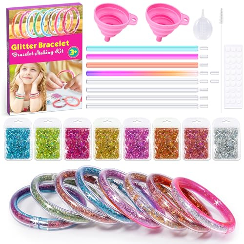 HappyKidsClub Mädchen DIY Armband Bastelset für Kinder - Kreativität Geschenk für Mädchen ab 4-10 Jahre - 8 Farben Glitzer & Zubehör zum Selbermachen - Lernspielzeug für Mädchen ab 4-10 Jahre