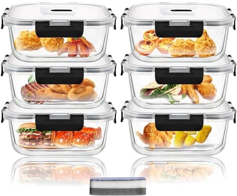 Hcrvvi 6 Pcs 1200ml Glass Containers With Lids, Upgraded Snap Locking Lids Food Containers With Lids, Meal Prep Containers Glass, BPA Free, Air Tight Glass Container With Lid Set, 1 Cleaning Sponges
