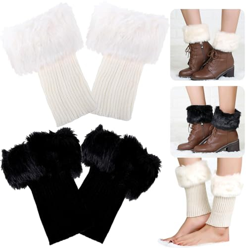 Benaton 2 Paar Warme Kurze Stiefel Manschette, Kurze Pelzige Beinwärmer, Faux Pelz Trimmstiefel Häkeln Häkeldeckel Bein Wärmer, Strick-Knöchelwärmer, Kurze Knöchelwärmer, Wintergeschenk(Weiß,Schwarz)