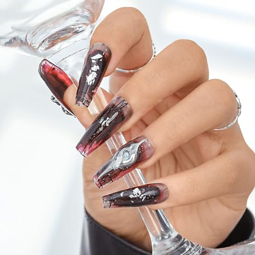 Sethexy Longue ballerine Fait à la main Ongles pressés Paillettes Gothique Faux ongles Peints en rouge Brillant Faux ongles Qualité salon pour femmes et filles 20PCS (N)