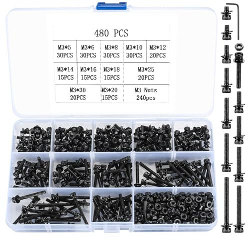 480 Stück M3 Schrauben Set, Sechskantschrauben und Muttern Set, Zylinderschrauben mit Innensechskant, Gewindeschrauben mit Muttern und Unterlegscheiben Sortiment Kit, Maschinenschrauben Set