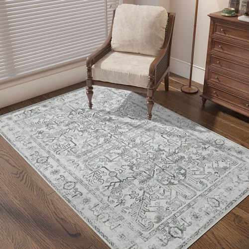 TOPICK Teppich Wohnzimmer 90x150 Grau Vintage Faltbar Dünner Waschbar Blumendruck rutschfest Leicht Teppiche Schlafzimmer