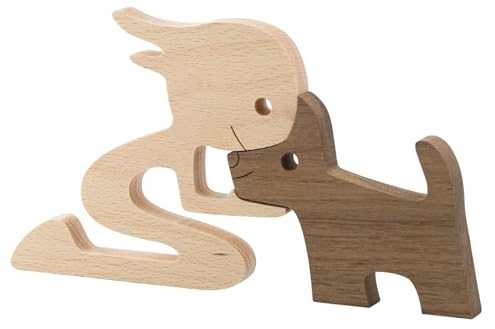 Enkrio Hundefiguren aus Holz, Hundestatue, Holzskulpturen, handgefertigte Akzente, Handwerk, Holzschnitzerei, Hund für Heimdekoration (Mädchen und Hund)(Frau und Hund)