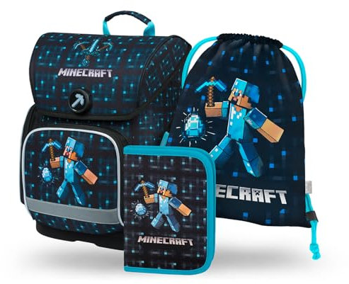 Baagl Schulranzen Jungen Mädchen Set 3 Teilig, Ergo Schultasche für 1. Klasse, Ergonomische Grundschule Ranzen Tornister mit Brustgurt (Minecraft Blue Axe)