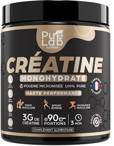 Créatine monohydrate poudre 100% pure de qualité micronisée - 90 portions - Haute Absorption - Performance, Force, Masse Musculaire et Efforts Intenses - 100% vegan