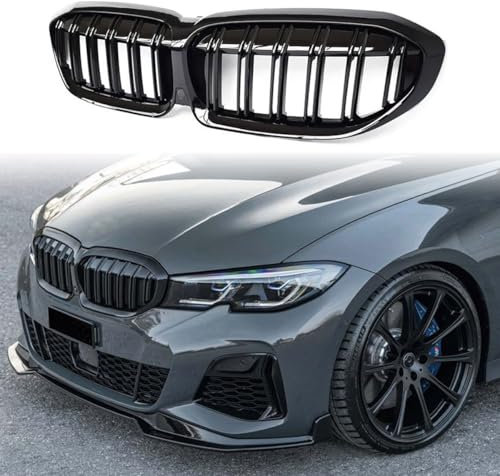 Kühlergrille Passend für BMW 3 Series G20 G28 2019-2022, Front Nieren Kühlergrill Gitter Schwarz Glanz Kühler Front Doppel Rippen Grill Links Rechts