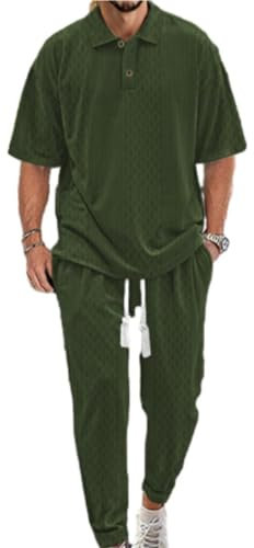 Freizeitset Herren Trend Lose 2 Stück Shirt Set Kurzarm All-Match Temperament Mode Poloshirt Herren Das Neue Revers T-Shirts Kurze Hose Freizeitanzug I-Army Green S