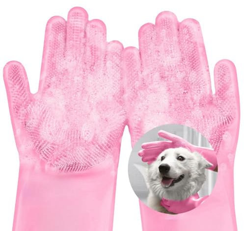 AMFUN Dog Washing Gloves, Multifunction Silicone Grooming Gloves with Anti-Slip Massaging for Dogs and Cats, Pink