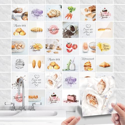 36 Stück Fliesenaufkleber Küche Selbstklebende - Küchenrückwand Fliesenfolie PVC mit Essen Brot Kuchen Spruch - Wasserdicht Ölfest Fliesensticker für Wand-fliesen Dekorative (Brot weiß, 10x10cm)
