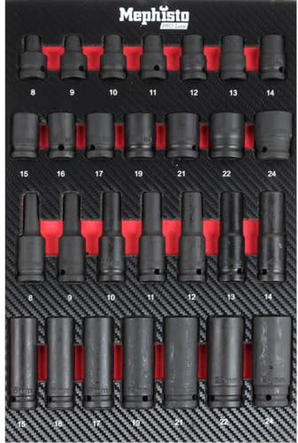 Mephisto Werkzeugeinlage Werkzeug Set Pro Line Werkstattwageneinlage Set mit Nüssen und Schlagnüssen für Schlagschrauber metrisch, in Soft Inlay in Carbonoptik