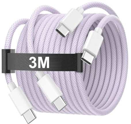 3M USB C to USB C Charging Cable for iPhone 16 15, 60W Long Type C to C Charger Cable Cord for iPhone 16/ 16 Plus/16 Pro/16 Pro Max/15/15 Plus/15 Pro/15 Pro Max, iPad Pro/Air/Mini, MacBook, Purple