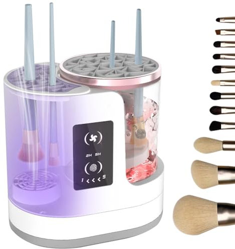 AVCXEC Electric Makeup Brush Cleaner Machine, 3-in-1 Multifunction Automatic Cleaner and Dryer, Universal Silicone Cap, Air-Drying Function, White