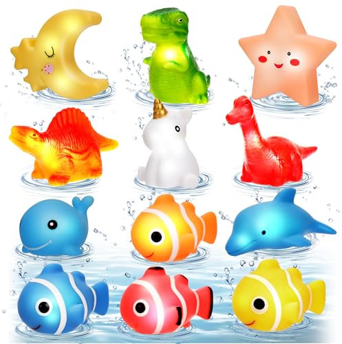 Badespielzeug Baby, 12 Stück LED Tier Badewannenspielzeug, Wasserspielzeug Baby Badewanne Spielzeug Kinder, Leuchtet Sensorik Spielzeug, Geschenke für Jungen und Mädchen
