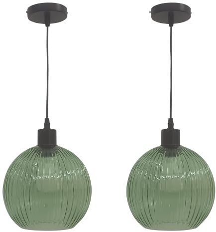 Set of 2 Betchley - Green Ribbed Glass Globe with Black Pendants