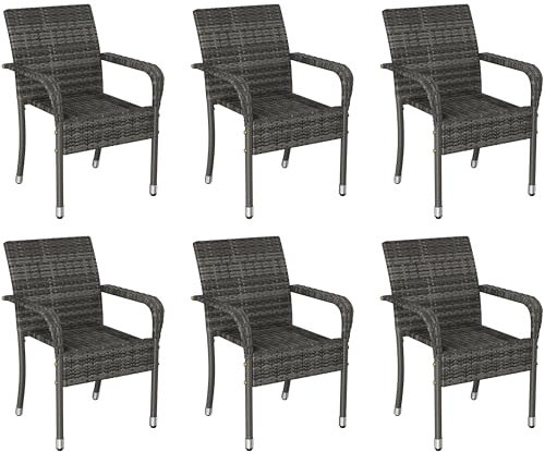 Yaheetech 6er Set Rattanstühle Stapelbar, Gartenstühle Stapelstuhl mit Armlehnen & Rückenlehne, Rattan Stuhl Balkonstuhl mit Verstellbaren Füße für Garten Balkon Terrasse, Grau