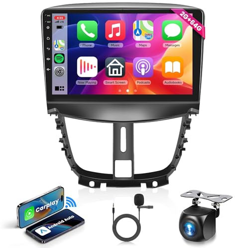 2G 64G Android Radio de Coche para Peugeot 207 2006-2015 9 Pulgadas Pantalla Peugeot 207 con Wireless Carplay Android Auto GPS Mirror Link Bluetooth FM/RDS Radio WiFi USB+ Cámara Trasera