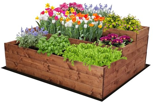 MODO24 Hochbeet Holz, 3-stufiger, Blumenkasten 45x117x93 cm, Braun | Komplettes Anzuchtset inkl. Schrauben, Dekoratives Gemüsebeet, Kräuterbeet & Blumenkasten für Garten und Terrasse