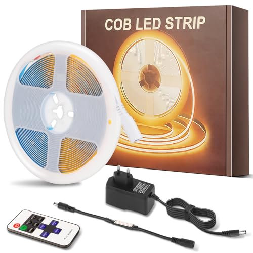 PSTAR COB LED Streifen 5m Warmweiß, LED Strip 2700K, 24V, 8mm Breit, 320LEDs/M, mit RF Fernbedienung für Schlafzimmer, TV, Küche, Wohnzimmer, DIY, Lichtband Selbstklebend