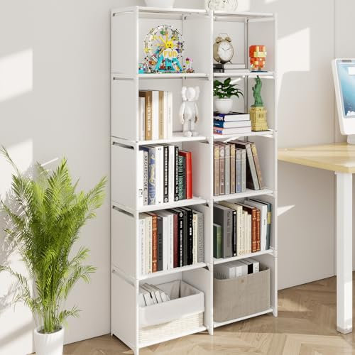 CROWNSHOP Bookshelf, 5-Tiers Bookcase with Fabric Cloth at Back, 10 Cube Storage Unit, Double Row Modular Bookshelf Organiser, Living Room, Bedroom(White)