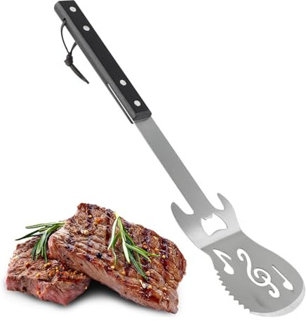Dzmuero Attrezzi Barbecue, 4 in 1 Spatola per Griglia in Acciaio Inox, Utensile Multifunzionale per Griglia con Manico in Legno, Accessori Pratici per Barbecue, per Accessori per Griglia da Uomo