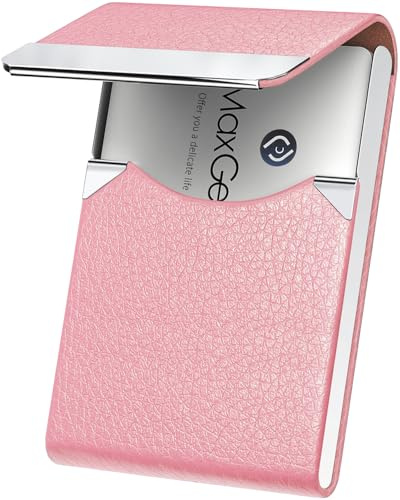 MaxGear Business Card Holder, PU Leather & Stainless Steel Business Card Case for Men or Women, Slim Name Cards Holder RFID Blocking Credit Cards Carrier with Magnetic Closure, Pink