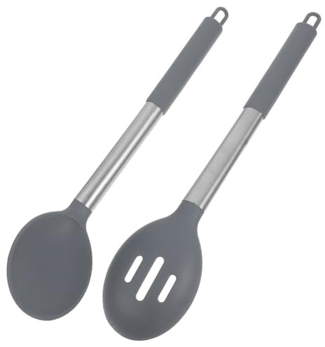 TOPPERFUN Juego De 2 Utensilios De Cocina De Silicona Cuchara De Silicona Cuchara Ranurada Con Mango Cuchara De Cocina Con Ranuras De Silicona Cuchara Con Agarre De Goma Cuchara