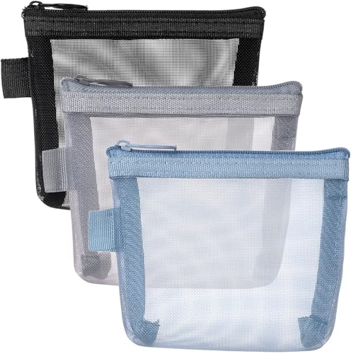 BEIQIYA 3pcs Mini Mesh Makeup Bags, Small Zipper Mesh Makeup Bags, Portable Cosmetic Pouch for Woman Purse Lipstick Keys Essentials Items Earphone Bank Cards- Blue & Black & Gray