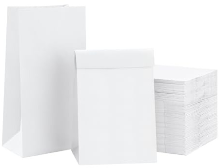 Eupako 100 Stück Bulk Weiße Kraftpapiertüten, 13x8x24cm | Mit Quadratischem Boden, Lebensmittelbeutel für Kekse Brotbeutel Mittagssäcke, kleines unternehmen, Geschenkverpackung