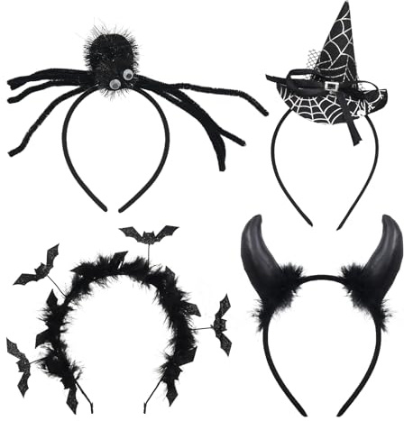 Paxrmuky Halloween-Haarbänder, Hexe, Fledermaus, Spinne, Teufel, Halloween-Haarschmuck für Frauen, Cosplay, Kostümpartys, Halloween-Verkleidungen, 4 Stück