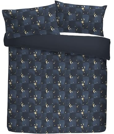 Fusion Snug Cosmic Star Duvet Cover Set, 100% Polyester, Double 200x200cm, Navy, Fleece and Sherpa, Moon and Stars Pattern