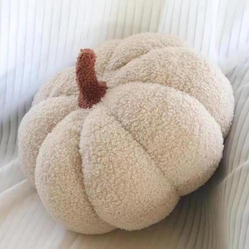 Kürbis Kissen, Herbstdeko Kürbis Dekokissen, 3D Plüsch Halloween Deko Kürbis Zierkissen Deko Aesthetic Sofakissen Kürbiskissen, Herbst Kürbis Kissen für Deko Wohnzimmer Schlafzimmer (Beige, 28CM)