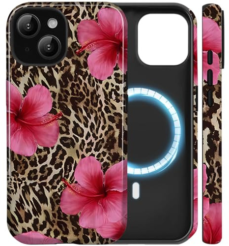 Amzfield Magnetic Case for iPhone 15 Plus, for MagSafe Floral Leopard, Red | Compatible with MagSafe Floral Leopard Dual Layer Shockproof Cute for Girl Women Drop Protection Precise Cutouts Stylish Chic