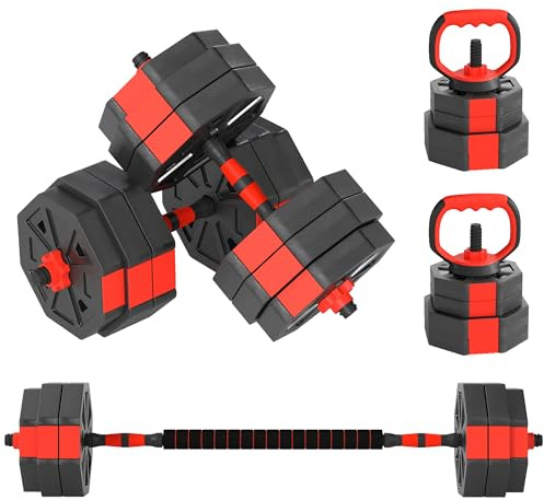 SPORTNOW 4-in-1 Gym Hantelset 30kg Total Kunststoff und Sand, Verstellbares Hantelset Verwendbar als Kettlebell, Kurzhantel, Langhantel und Liegestütz, Rot