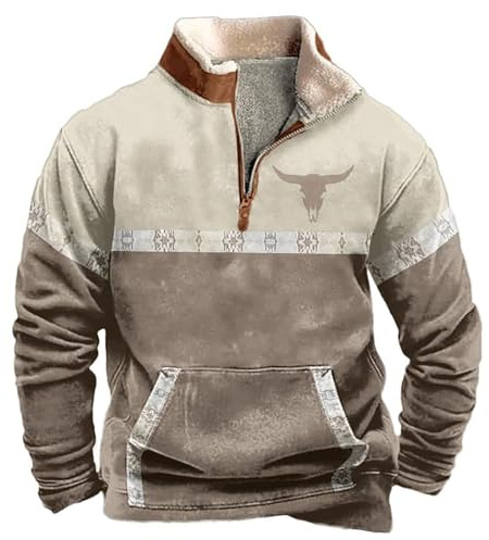 Generisch Giacca in pile da uomo Western Cowboy Bull Head Print Pullover 1/4 cerniera colletto alto a maniche lunghe country felpa vintage maglione invernale harajuku stampa con tasche maglione da