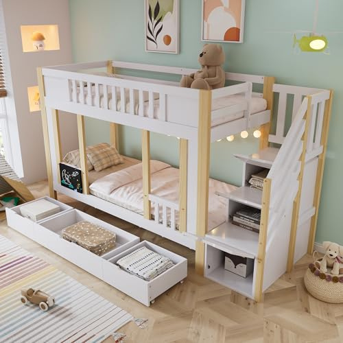 Bladez Letto a castello con armadio per scale, 90 x 200 cm, bianco naturale, culla con lavagnetta per scarabocchiare, 3 cassetti rotelle, spazio per camera dei fratelli