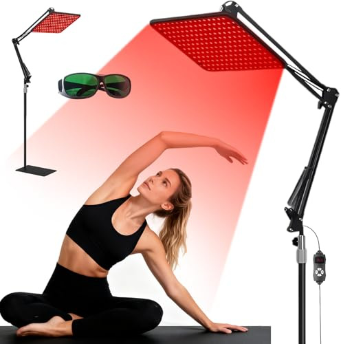 Rotlichtlampe für Ganzkörper & Gesicht Infrarotlampe mit 200 LED Tri-Wellenlänge 660nm, 850nm, 940nm Großes Wärmelampe-Panel mit Verstellbarem Ständer & Schutzbrille ideales Well