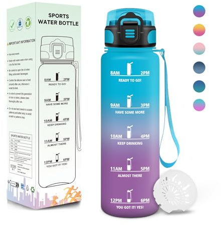 Motswedi Gourde, 500ml Sans BPA, Gourde Plastique, Conception de Verrouillage Anti-Fuite, Bouteille, Avec Horodatage, Bouteille Motivation pour École, Yoga, En cours d'exécution - Bleu&violet