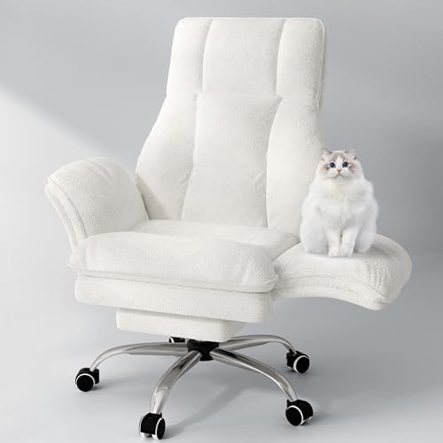 HOMVIMI Big and Tall Office Chair with Flip Armrests & Footrest, Wide Reclining Ergonomic Gaming Chair for Cross-Legged Sitting and Pet Comfort, Executive Computer Desk Chair, Teddy White