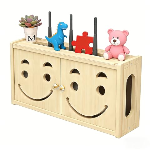 LUPATDY Router in legno massiccio, montaggio a parete, WiFi, storage, cavo, set top box per TV, in legno WiFi (Smiley)