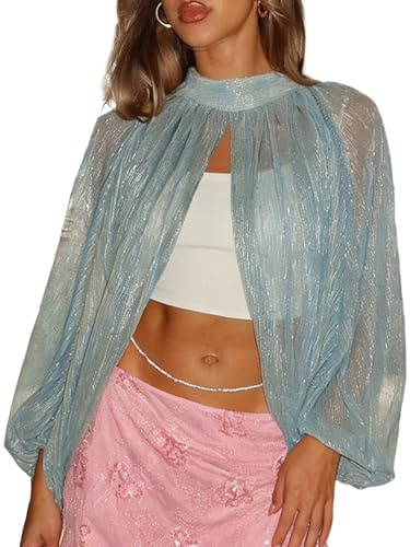 SANSIWU Women Summer Glitter Sheer Blouse Top Sheer Poncho Shrug Long Sleeve Mock Neck Chiffon Top for Formal Evening Dress (Blue, M)