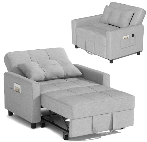 Blishom 3-in-1 Schlafsessel mit Bettfunktion, Verstellbarer Schlafstuhl, Sesselbett mit 3 Rückenpositionen, Kissen und Seitentaschen, für Wohnzimmer, Büro und Gästezimmer, Hellgrau