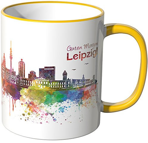 WANDKINGS® Tasse, Schriftzug Guten Morgen Leipzig! mit Skyline - GELB