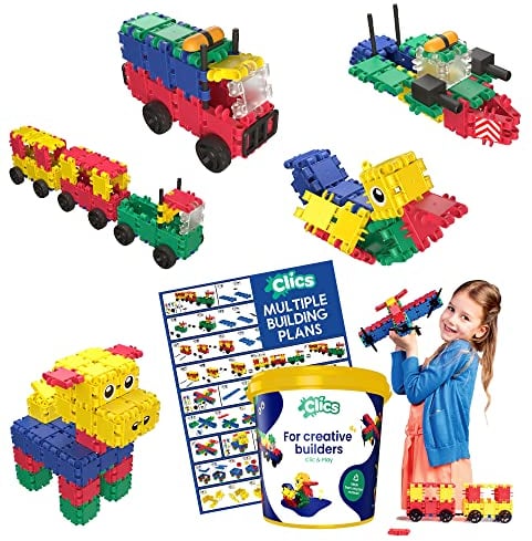 Clics Konstruktionsspielzeug für Kinder ab 3 Jahre, kreatives Lernspielzeug im 160 Teile Set, Bausteine für Mädchen und Jungen, Montessori STEM-Spielzeug, Starterset im Eimer 8 in 1,